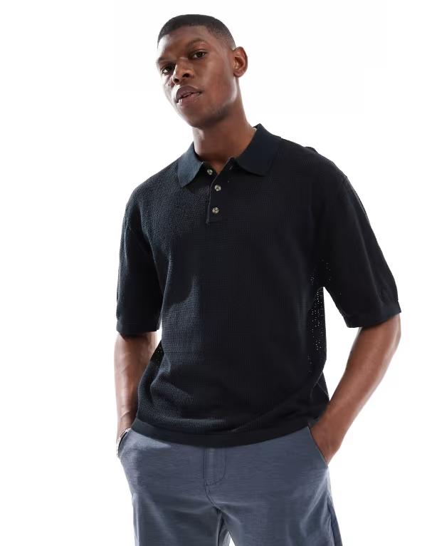 コットンオン メンズ トップス ポロシャツ コットン ニット Cotton:On Cotton On short sleeve knit polo Black ブラック