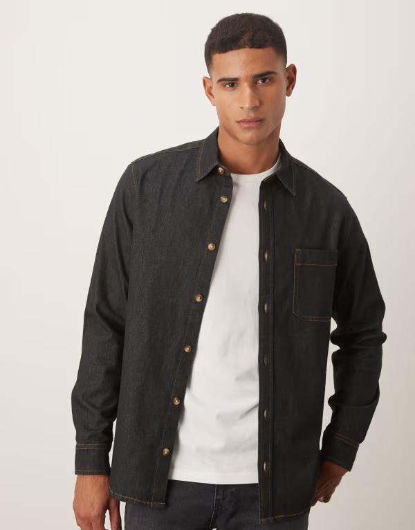エイソス メンズ トップス プルオーバー ジーンズ ASOS DESIGN denim overshirt BLACK DENIM 黒いこと
