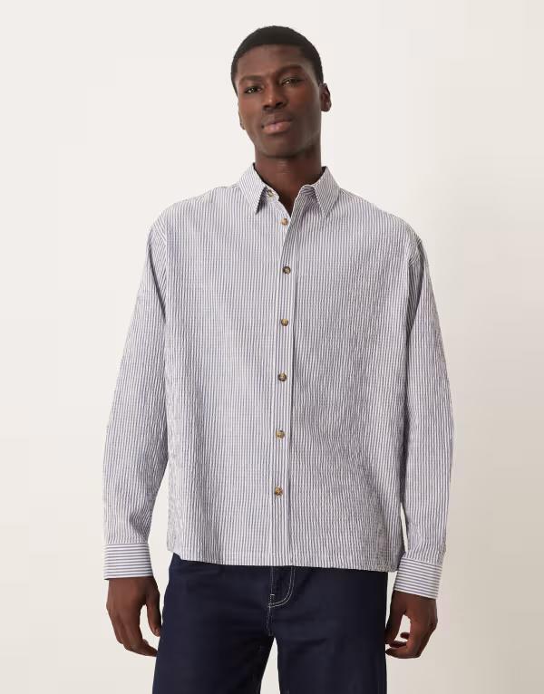 エイソス メンズ トップス シャツ ASOS DESIGN oversized seersucker striped shirt NAVY ネイビー