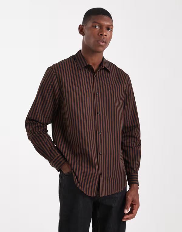 エイソス メンズ トップス プルオーバー レギュラー填まる ASOS DESIGN regular fit striped shirt BROWN 赤銅色