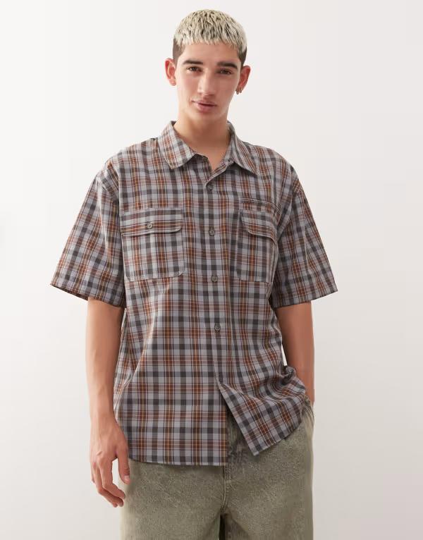 コルージョン メンズ トップス シャツ COLLUSION boxy skate shirt plaid BROWN ブラウン