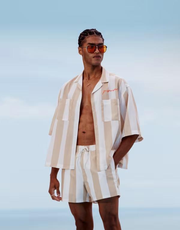 エイソス メンズ トップス プルオーバー ASOS DESIGN boxy oversized camp collar shirt and stone stripe with embroidery - part of a set White/Stone 白いこと