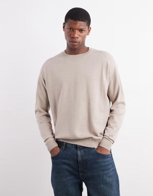エイソス メンズ アウター 編み物・スウェーター 労働者の一団のど首 ティーシャツ 編み物 ASOS DESIGN relaxed long sleeve knit crew neck T-shirt インチ stone heather Stone marl マール トップス-ニット・セーター-メンズファッション