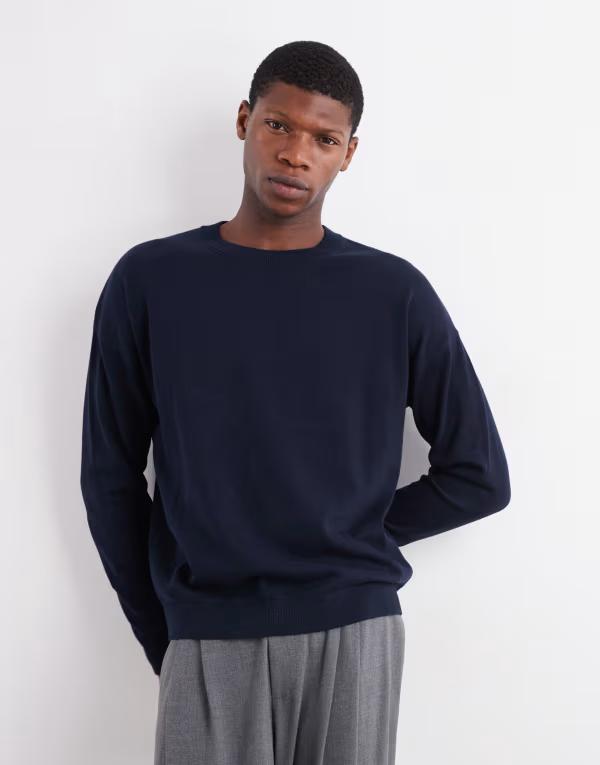 エイソス メンズ アウター ニット・セーター クルーネック Tシャツ ニット ASOS DESIGN relaxed long sleeve knit crew neck T-shirt NAVY ネイビー
