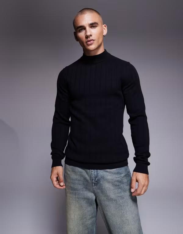 エイソス メンズ アウター ニット・セーター タートルネック リブ Tシャツ ニット ASOS DESIGN muscle fit long sleeve knit ribbed turtle neck T-shirt Black ブラック