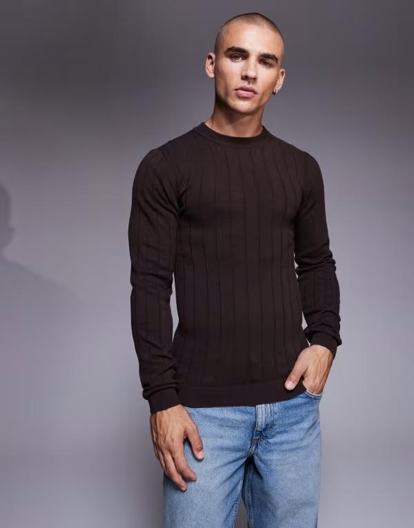 エイソス メンズ アウター ニット・セーター Tシャツ ニット ASOS DESIGN muscle fit long sleeve knit rib T-shirt BROWN ブラウン