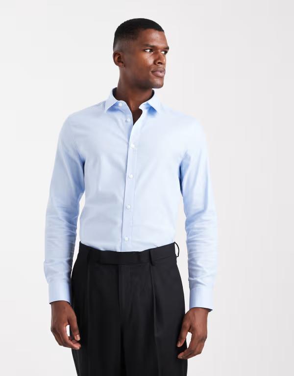 エイソス メンズ トップス シャツ ASOS DESIGN slim formal textured shirt blue ブルー