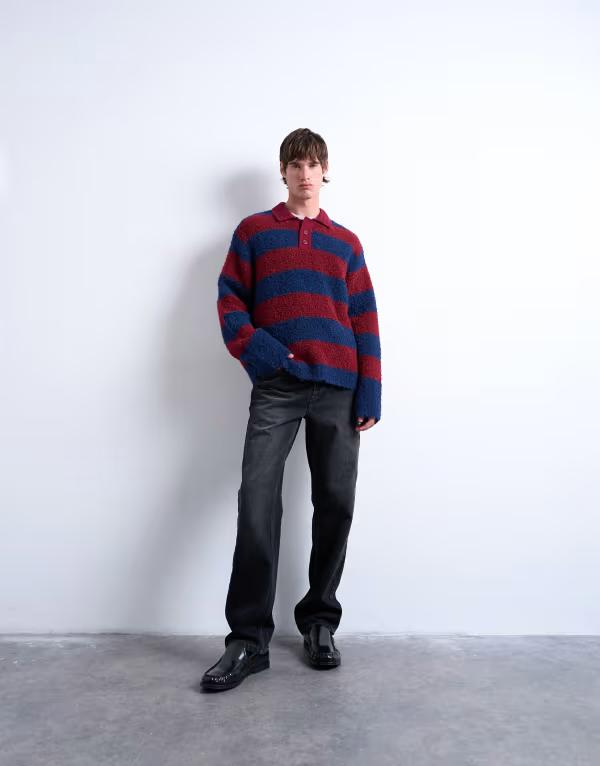 トップマン メンズ アウター ニット・セーター リラックスフィット ポロシャツ セーター ニット Topman relaxed fit knit striped polo sweater Burgundy バーガンディ