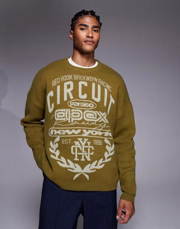 エイソス メンズ アウター ニット・セーター セーター ニット ASOS DESIGN super oversized knit sweater with motocross text Khaki カーキ
