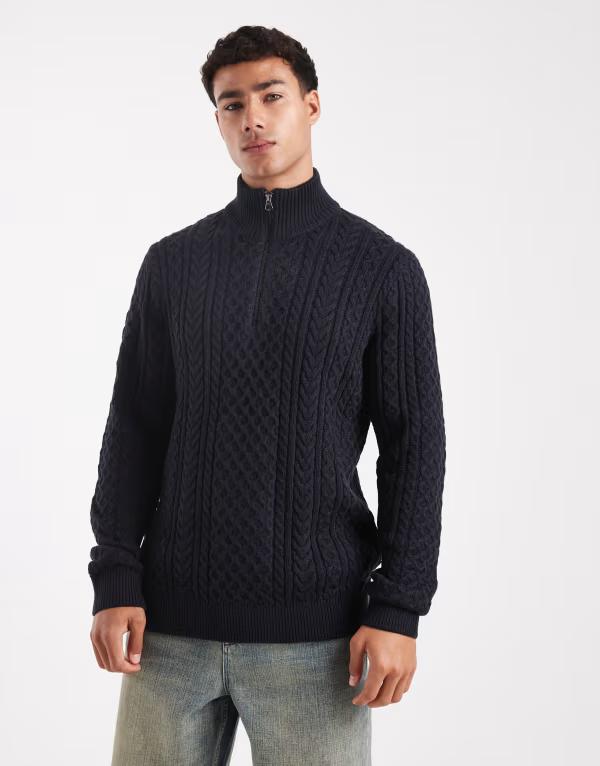 ジャック アンド ジョーンズ メンズ アウター ニット・セーター ハーフジップ セーター ニット Jack & Jones premium cable knit half zip sweater Dark Navy ネイビー｜ReVida 店