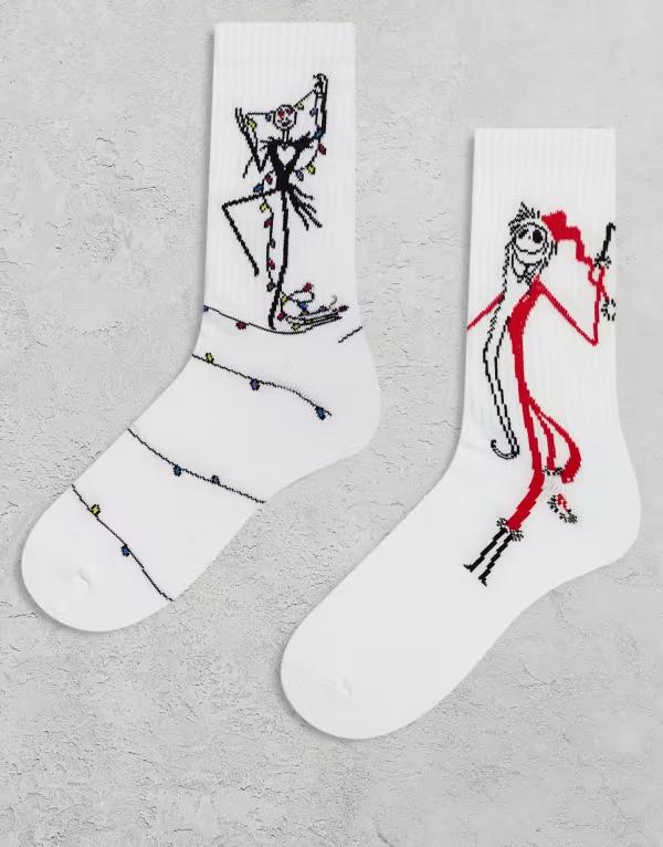 エイソス メンズ アンダーウェア 靴下 グラフィック ASOS DESIGN 2 pack socks with Disney's Nightmare Before Christmas graphics WHITE ホワイト