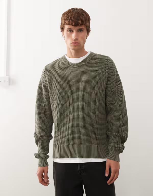 平日 メンズ アウター 編み物・スウェーター スウェーター Weekday boxy fit sweater インチ dark khaki green wash Washed khaki カーキ
