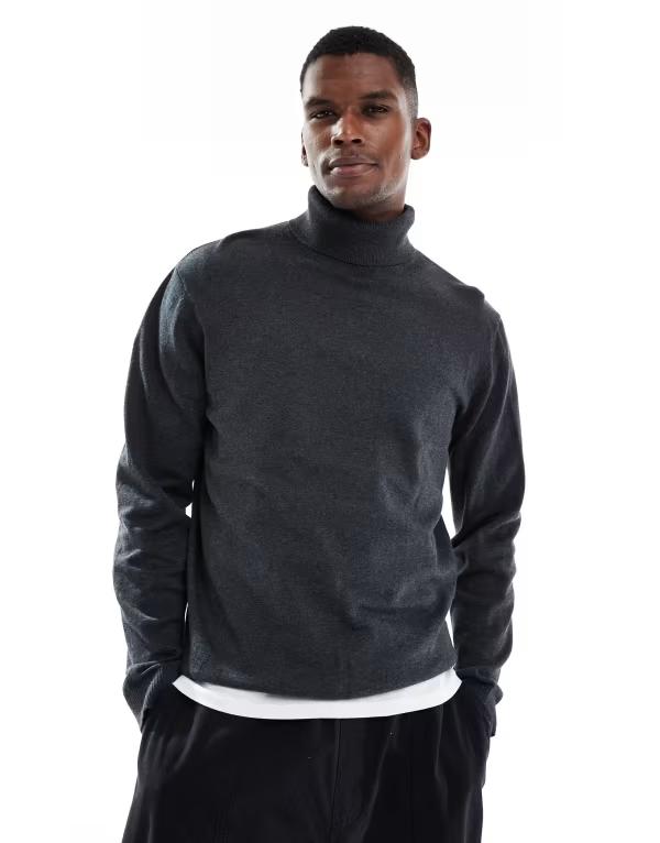 ジャック アンド ジョーンズ メンズ アウター ニット・セーター タートルネック セーター Jack & Jones turtle neck sweater in dark Dark Gray Melange グレー