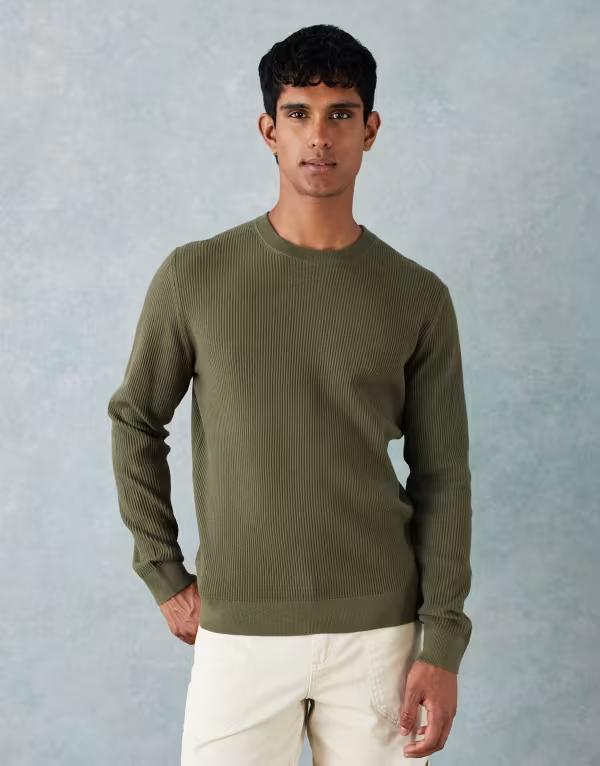 マンゴ メンズ アウター ニット・セーター クルーネック セーター コットン ニット Mango cotton mix knit crew neck sweater in olive ECRU エクリュ 14,585円