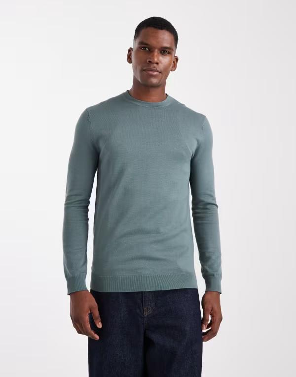 オンリーアンドサンズ メンズ アウター ニット・セーター レギュラーフィット クルーネック セーター ニット ONLY & SONS regular fit crew neck knit sweater in teal Balsam green グリーン
