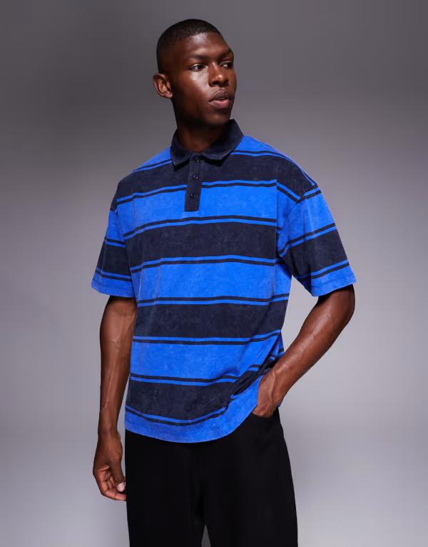 エイソス メンズ トップス ポロシャツ ASOS DESIGN oversized polo in washed blue stripe Washed Blue Stripe ブルー