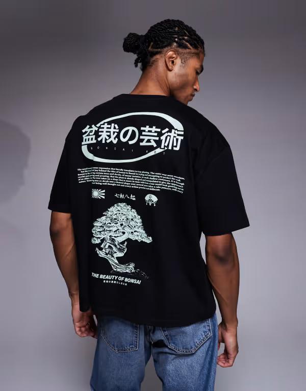 エイソス メンズ トップス Tシャツ グラフィック ASOS DESIGN boxy oversized T-shirt with bonsai graphic Black ブラック