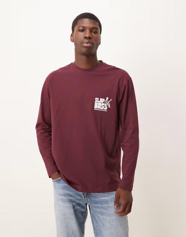 エイソス メンズ トップス Tシャツ リラックスフィット プリント シャツ ASOS DESIGN long sleeve relaxed fit t-shirt with print detail Port royale バーガンディ