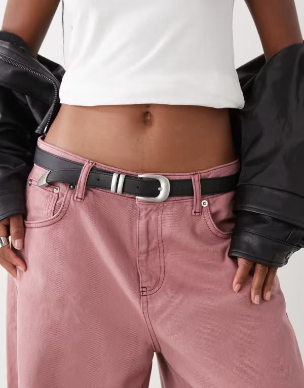 ウィークデイ レディース アクセサリー ベルト Weekday slim western belt with silver buckle Black ブラック