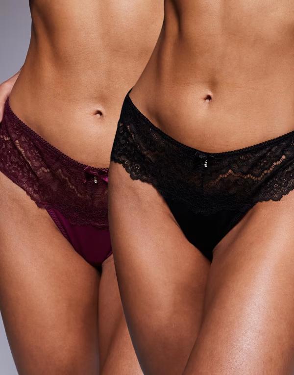 エイソス レディース アンダー御召しもの ブリーフズボン下 スピード競技 ASOS DESIGN 2 pack deep lace thong \u0026 Black \u0026 burgundy 黒いこと