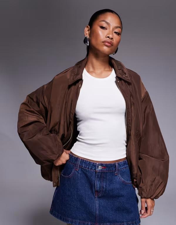 リバーアイランド レディース アウター ジャケット・ブルゾン ジャケット River Island bubble hem bomber jacket BROWN - DARK ブラウン｜ReVida 店