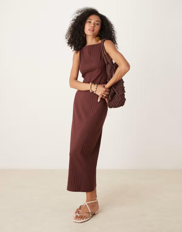 エイソス レディース トップス ワンピース ミディワンピース リブ ミディ ノースリーブ ASOS DESIGN wide ribbed sleeveless boat neck midi dress in chocolate BROWN ブラウン