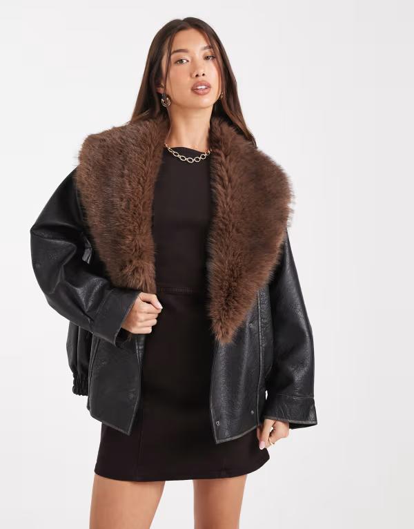 エイソス レディース アウター ジャケット・ブルゾン レザー ジャケット ASOS DESIGN leather look shawl collar faux fur collar bomber jacket Black ブラック