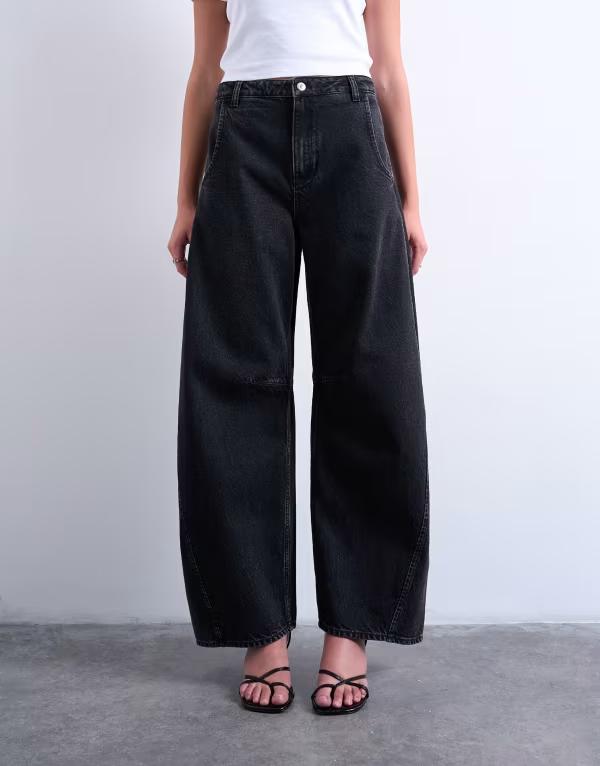 トップショップ レディース ボトムス デニムパンツ ジーンズ Topshop Horseshoe high rise barrel jeans in washed WASHED BLACK ブラック|ReVida 店
