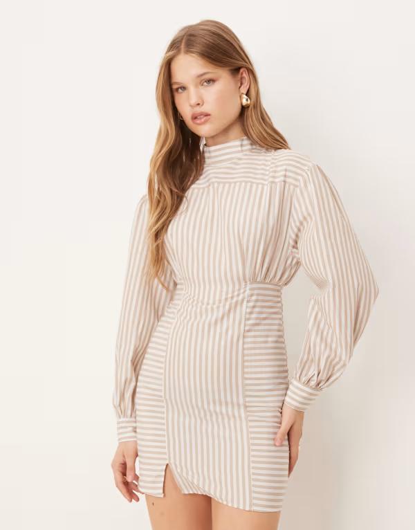 エイソス レディース トップス ワンピース ハイネック ミニワンピース プリーツ プリント ミニ ASOS DESIGN high neck poplin mini dress with pleated waist in stripe print Stripe ストライプ