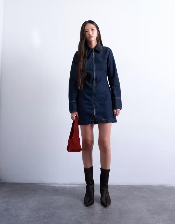 トップショップ レディース トップス ワンピース ミニワンピース ミニ デニム Topshop denim zip up long sleeve mini dress in indigo INDIGO インディゴ|ReVida 店