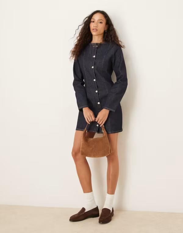エイソス レディース トップス ワンピース クルーネック ミニワンピース ミニ デニム ASOS DESIGN denim long sleeve crew neck mini dress in rinse wash INDIGO インディゴ 8,865円