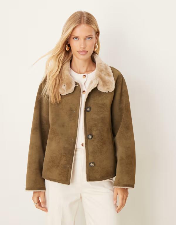 エイソス レディース アウター 上衣・上衣 照明ランプ素っ首 スエードクロス 上衣 ASOS DESIGN funnel neck faux suede bonded jacket khaki カーキ