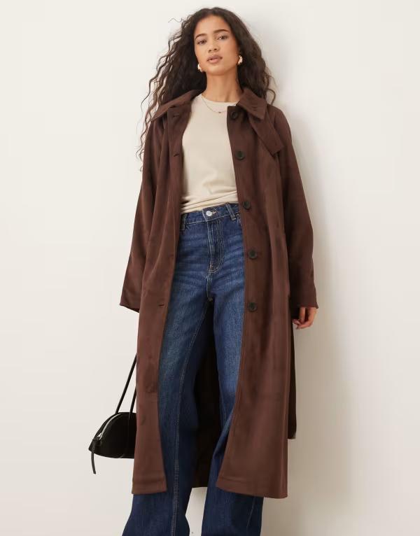 エイソス レディース アウター 厚地の外套 照明ランプ素っ首 スエードクロス ASOS DESIGN faux suede funnel neck trench coat インチ chocolate chocolate 黒茶