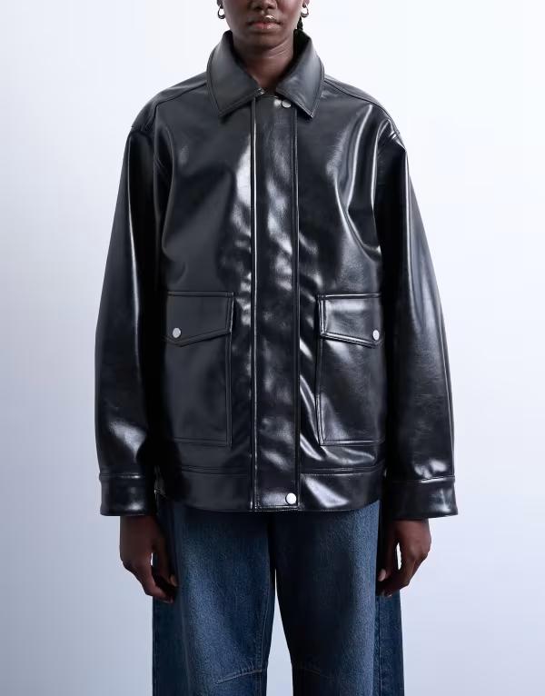 トップショップ レディース アウター ジャケット・ブルゾン レザー フェイクレザー Topshop faux leather shiny mottled patch pockets shacket black ブラック