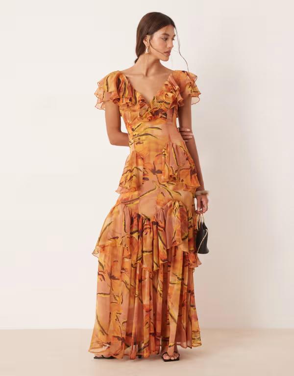 エイソス レディース トップス ワンピース ティアード フラワー柄 プリント フリル フラワー ASOS DESIGN scoop neck flutter sleeves ruffle tiered midaxi dress in yellow floral print Yellow floral print イエロー