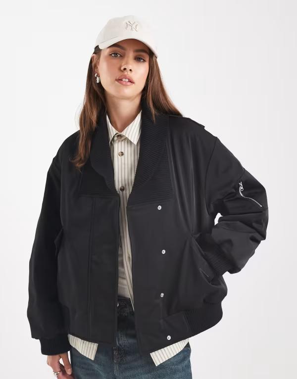 エイソス レディース アウター 厚地の外套 編み物 上衣 ASOS DESIGN knit collar bomber jacket Black 黒いこと