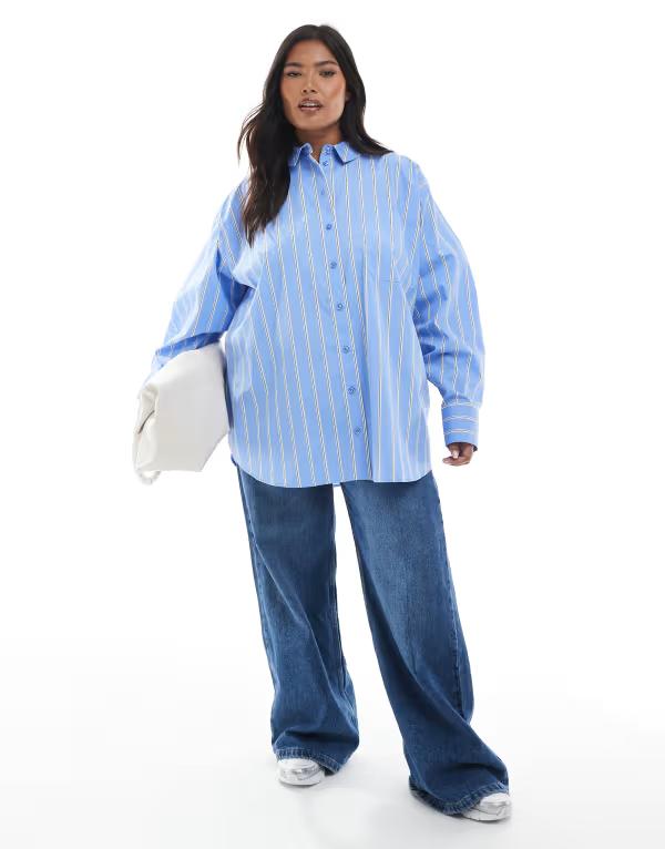 エイソス レディース トップス シャツ ASOS Curve ASOS DESIGN CURVE oversized shirt and white stripe Blue stripe ブルー