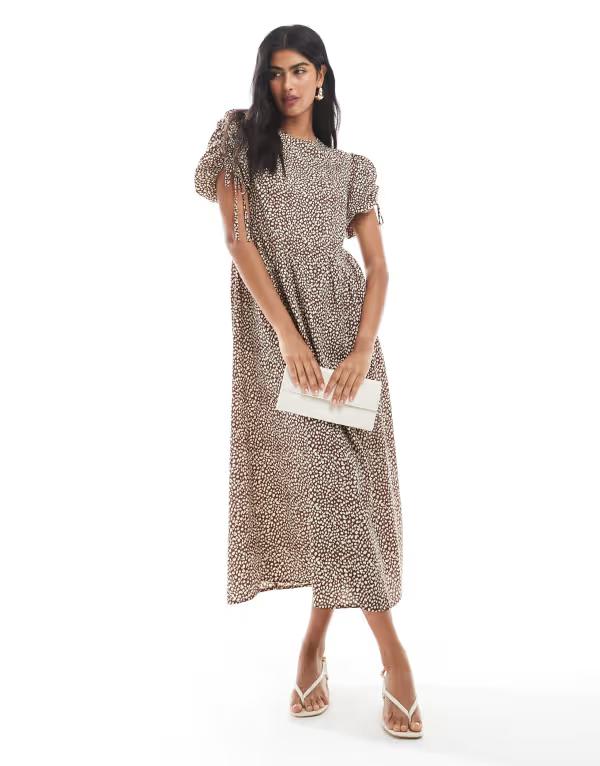 ウェンズデーガール レディース トップス ワンピース プリント Wednesday's Girl leopard print tie-shoulder midaxi dress BROWN ブラウン｜ReVida 店