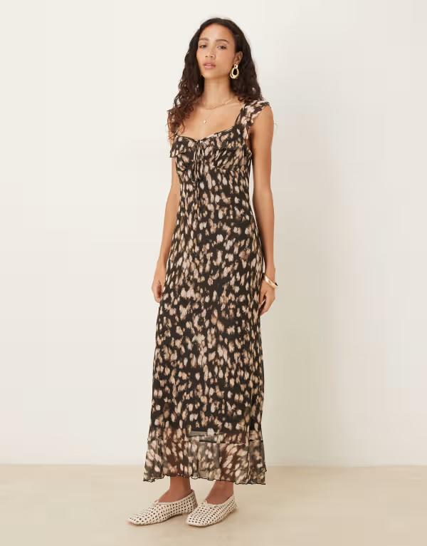 エイソス レディース トップス 衣装 毛の荒物柄 刷り上げる メッシュ midi ASOS DESIGN mesh double frill MIDI tea dress インチ abstract animal print Abstract animal 毛の荒物