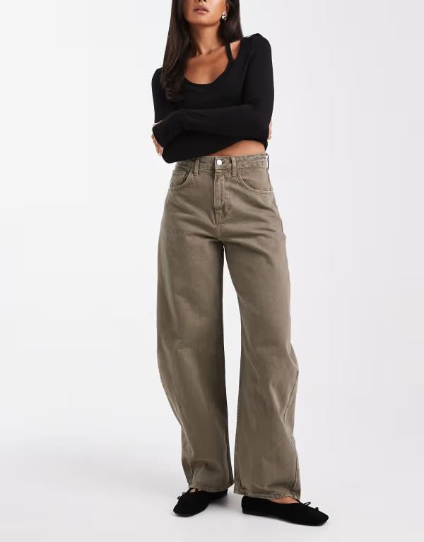エイソス レディース ボトムス デニムパンツ ハイウエスト ジーンズ ASOS DESIGN high waist barrel leg jeans in light Light khaki カーキ｜ReVida 店