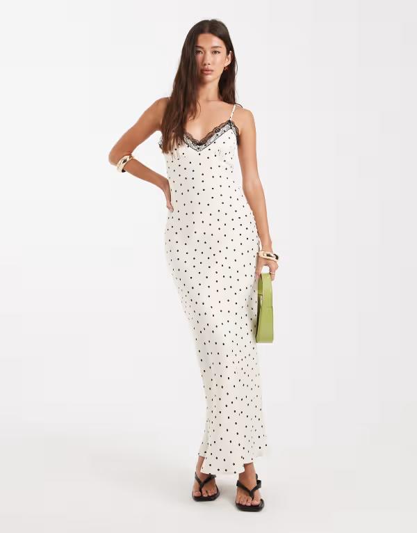ミスセルフフリッジ レディース トップス ワンピース ドット柄 ミディワンピース ドット ミディ サテン レース Miss Selfridge satin and lace midi dress in polka dot Polka dot ドット|ReVida 店