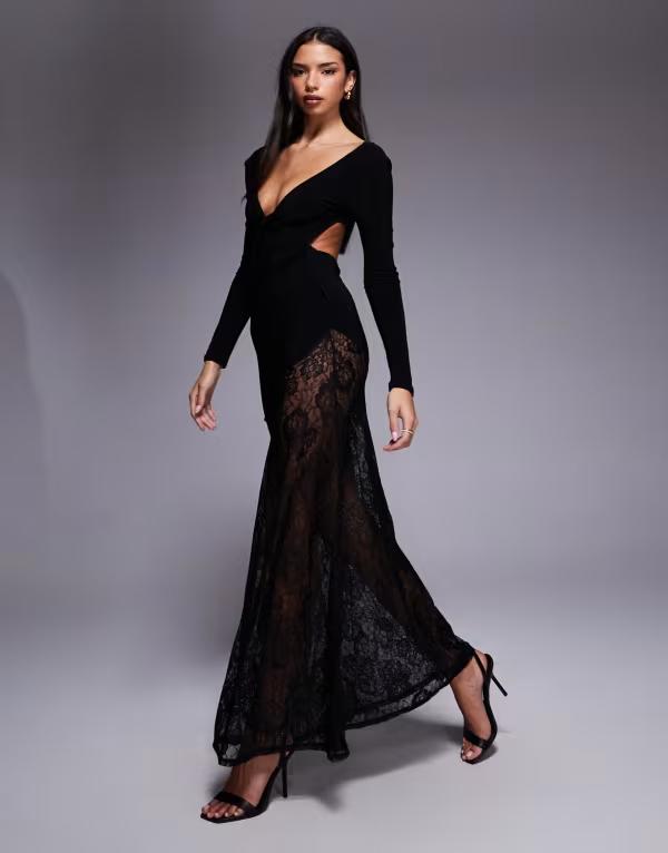 エイソス レディース トップス 衣装 マキシ衣装 スピード競技 マキシ ASOS DESIGN lace mix slinky plunge long sleeve maxi dress black 黒いこと