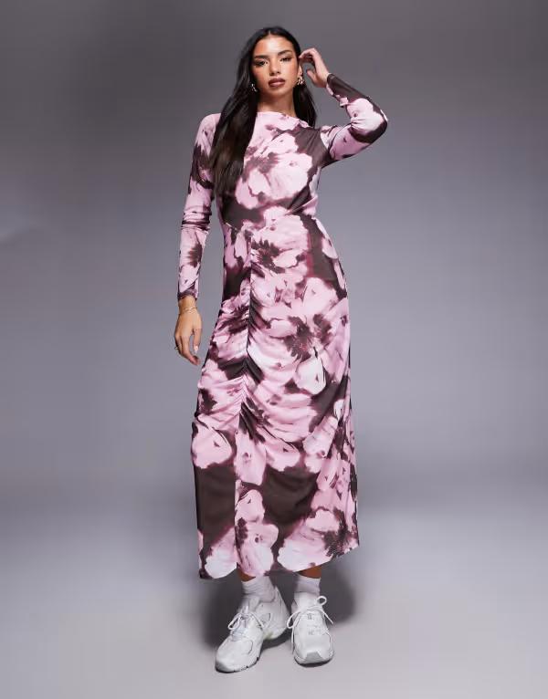 エイソス レディース トップス ワンピース ミディワンピース プリント メッシュ ミディ ASOS DESIGN mesh long sleeve seam detail midi dress in mono abstract print Mono abstract