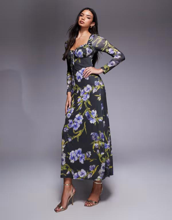 エイソス レディース トップス ワンピース ミディワンピース フラワー柄 ミディ フラワー ASOS DESIGN long sleeve milkmaid midi dress floral Black floral ブラック