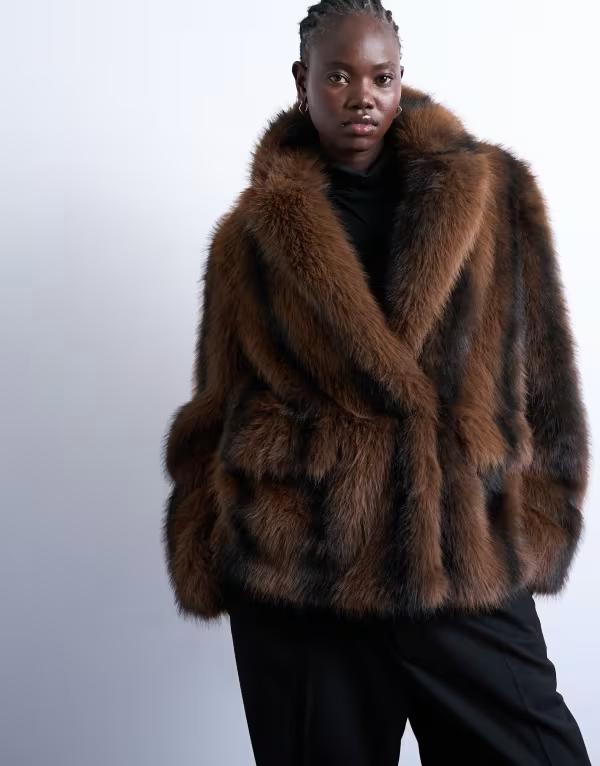トップショップ レディース アウター コート ブレザー Topshop faux fur boxy blazer coat stripes Brown stripe ブラウン