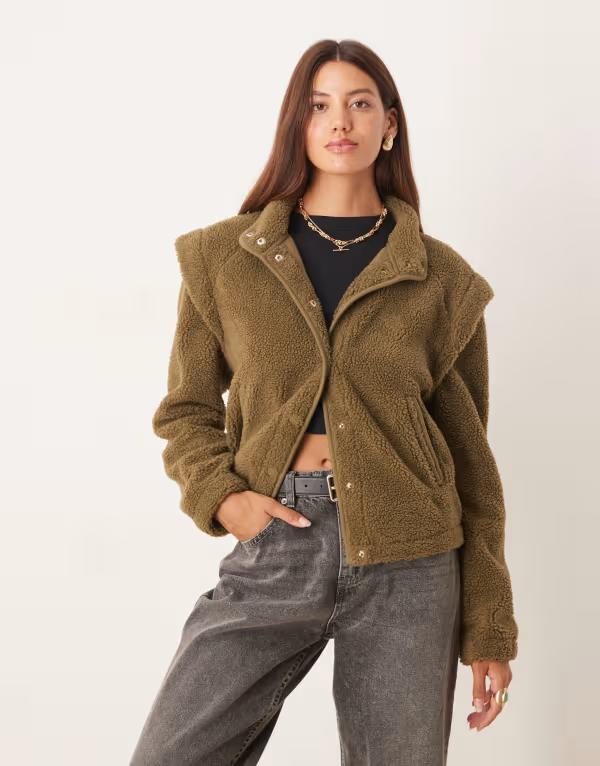 エイソス レディース アウター パーカー・スウェット フリース ASOS DESIGN sharp shoulders zip up teddy fleece in beech GREEN グリーン