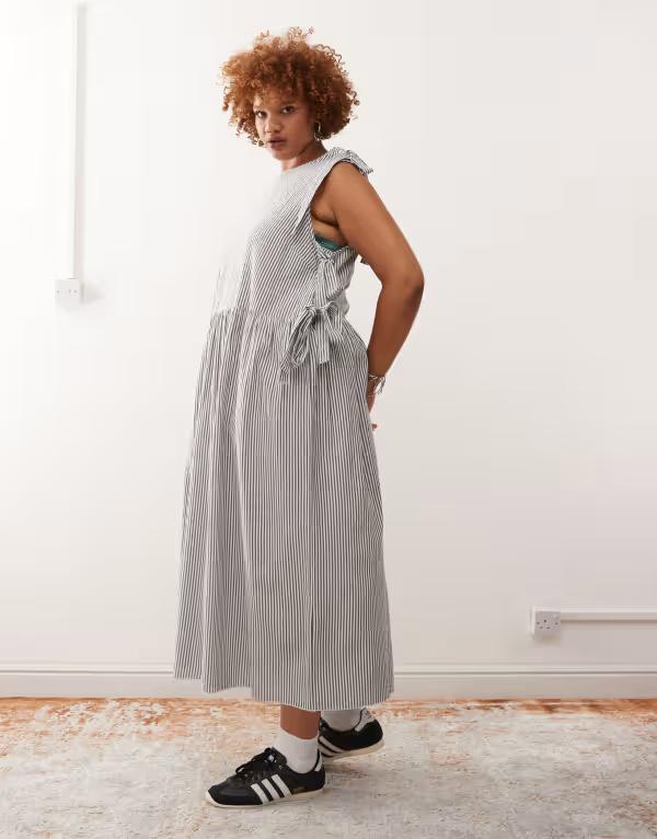 コルージョン レディース トップス ワンピース タイディテール ミディワンピース プラスサイズ ミディ COLLUSION Plus wrap tie detail midi dress and white stripes Gray グレー|ReVida 店