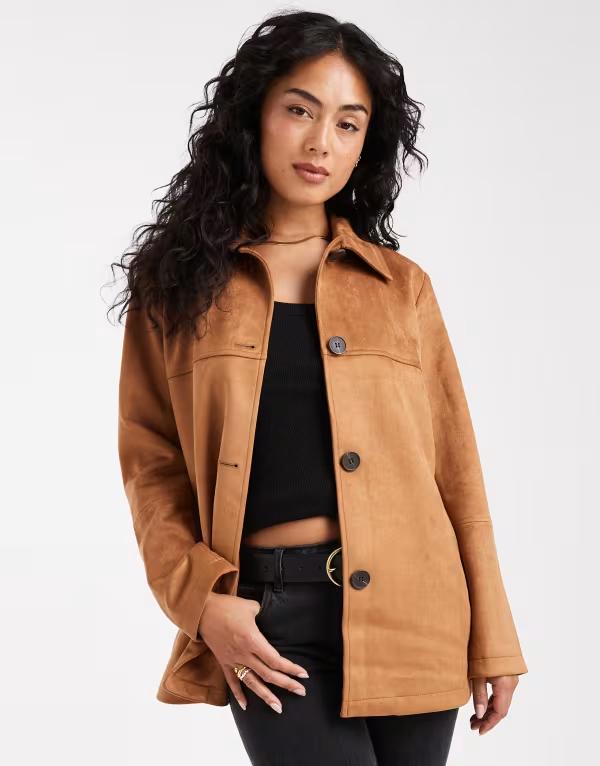オンリー レディース アウター ジャケット・ブルゾン スエード ジャケット ONLY faux suede trucker jacket in tan BROWN ブラウン|ReVida 店