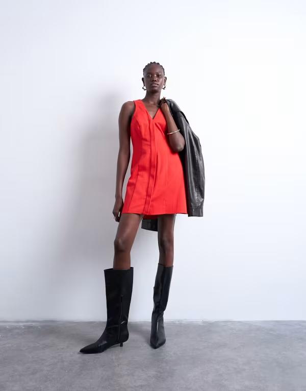 とっ始め販売店 レディース トップス 衣装 V素っ首 ミニ衣装 ミニ Topshop v neck clean placket structured mini dress RED 赤いこと