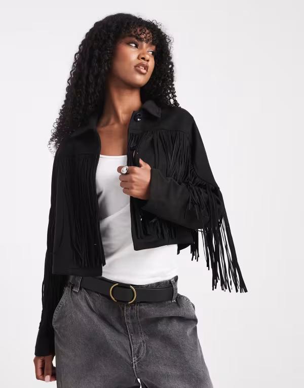 オンリー レディース アウター ジャケット・ブルゾン スエード フリンジ ジャケット ONLY boho fringe detail faux suede jacket Black ブラック